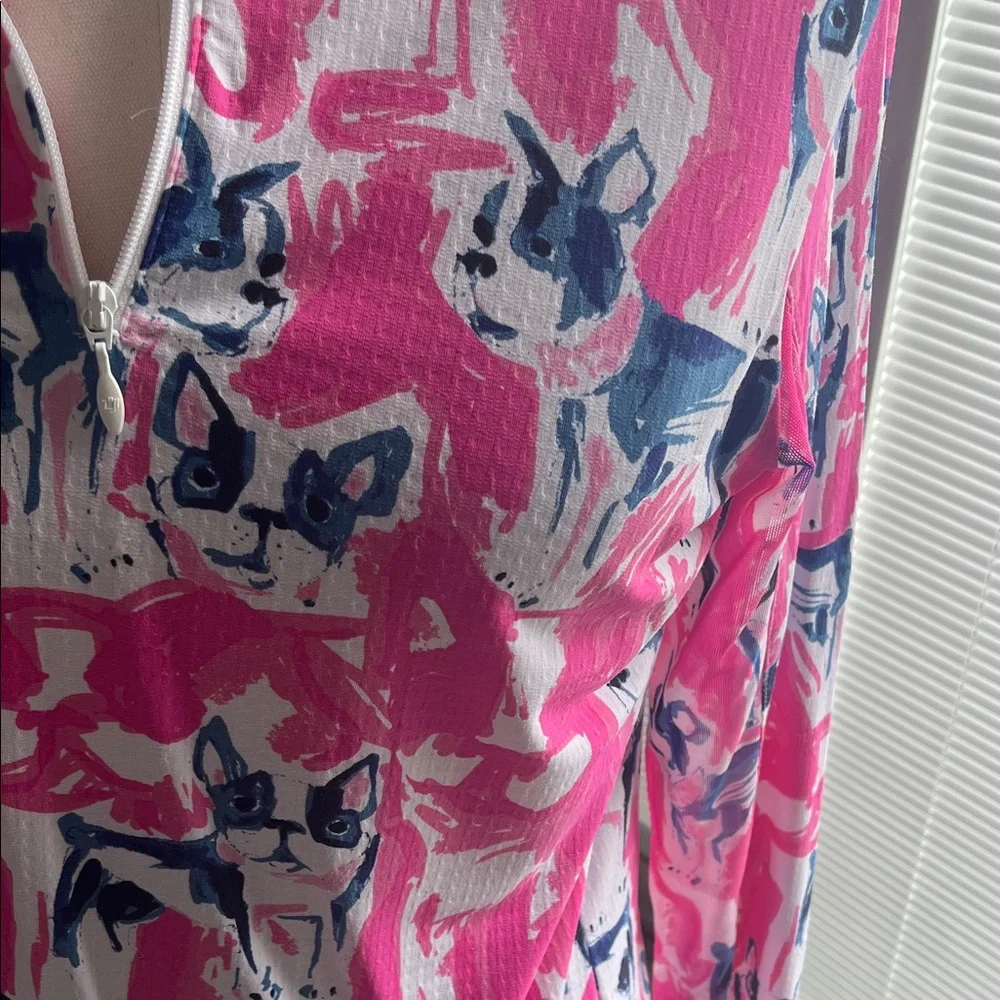 IBKUL Pink and Blue Frenchie Patterned Long Sleeve Golf Top - Picture 2 of 4